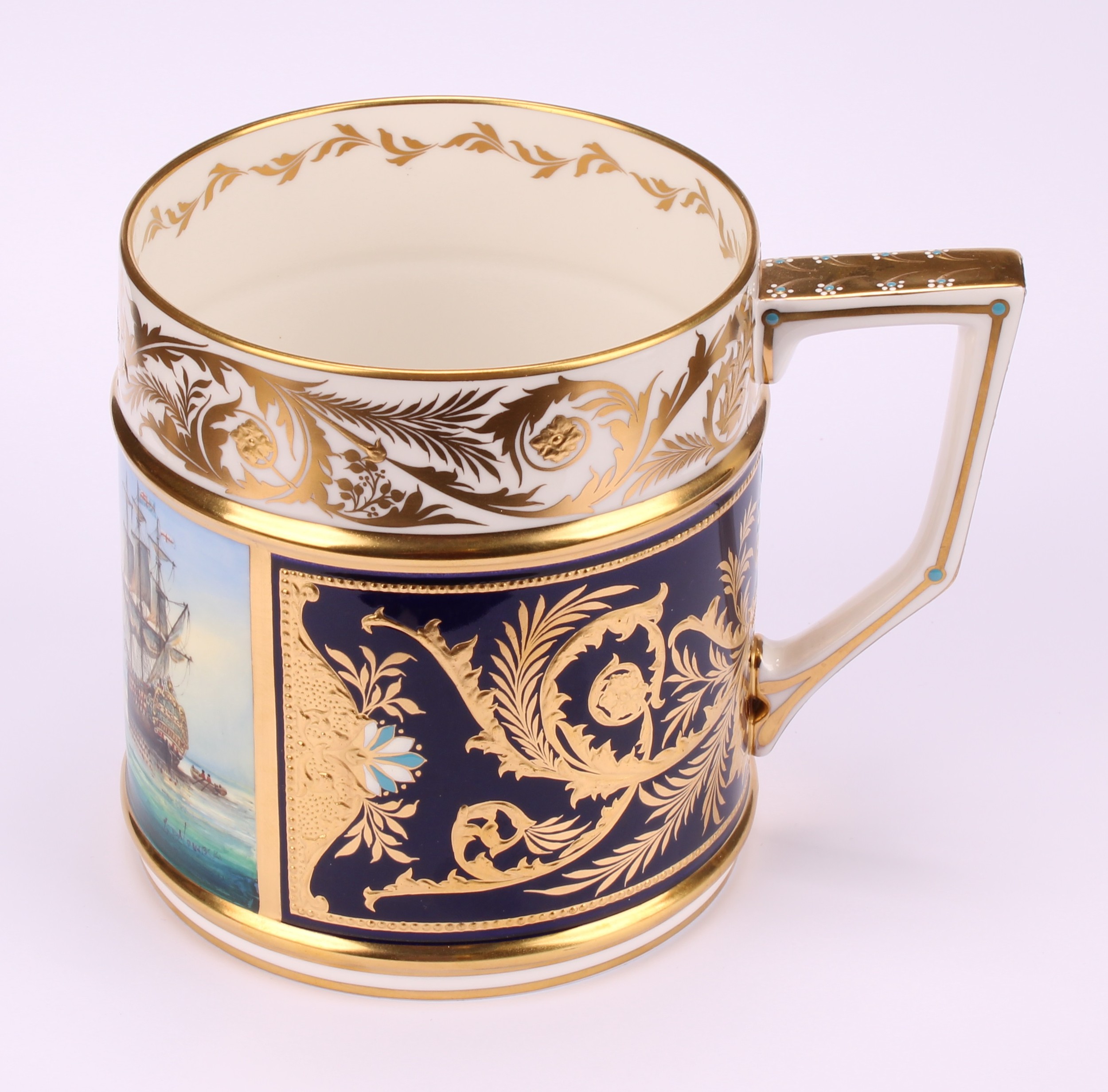 A Lynton porter mug, painted by Stefan Nowacki, signed, with sailing ships on a calm sea, the border - Image 2 of 6