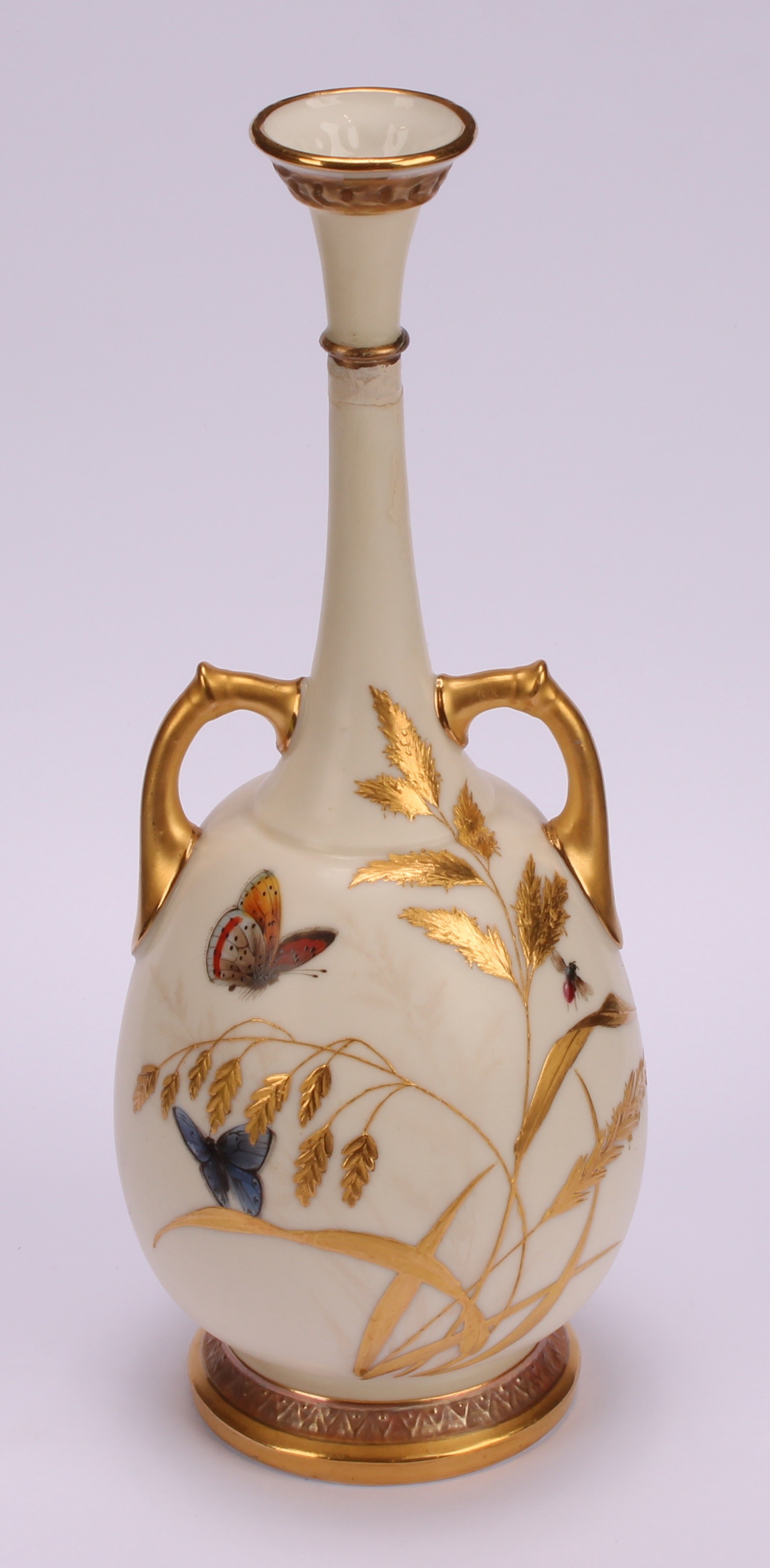 A pair of Royal Worcester two handled bottle vases, decorated in the Aesthetic manner with - Image 7 of 10