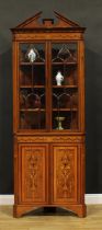 A Sheraton Revival satinwood banded mahogany and marquetry floor-standing corner display cabinet,