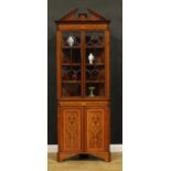 A Sheraton Revival satinwood banded mahogany and marquetry floor-standing corner display cabinet,