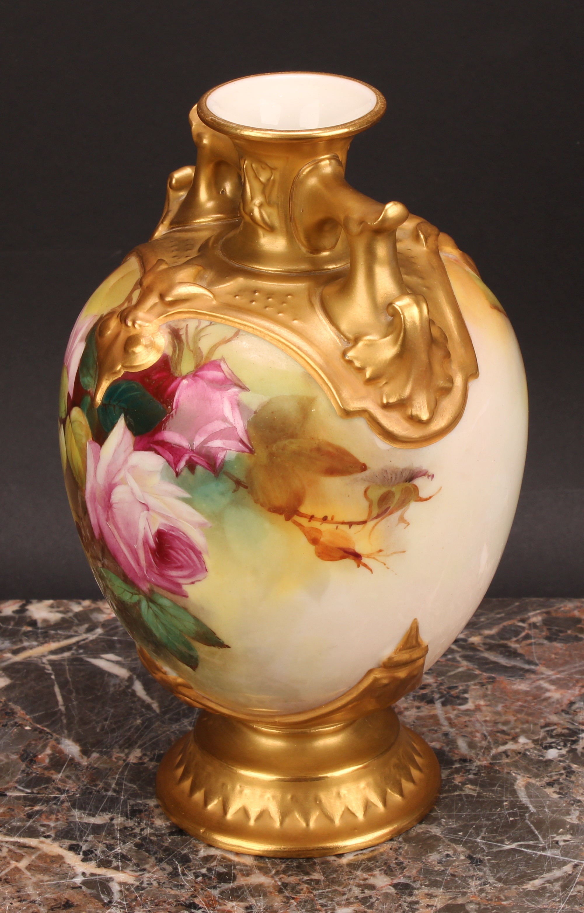 A Royal Worcester ovoid vase, painted by R Austin, signed, with roses on a blush ivory ground, - Image 4 of 7