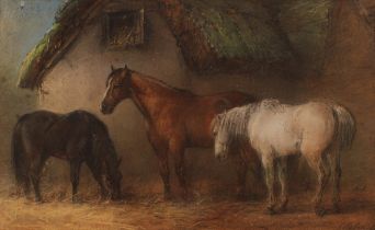 English School (19th century) Horses in a Stable Yard, indistinctly signed, pastel, 24.5cm x 40cm