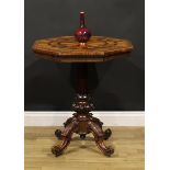 A 19th century specimen timber parquetry centre table, octagonal top inlaid with oak, satinwood,