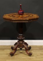 A 19th century specimen timber parquetry centre table, octagonal top inlaid with oak, satinwood,