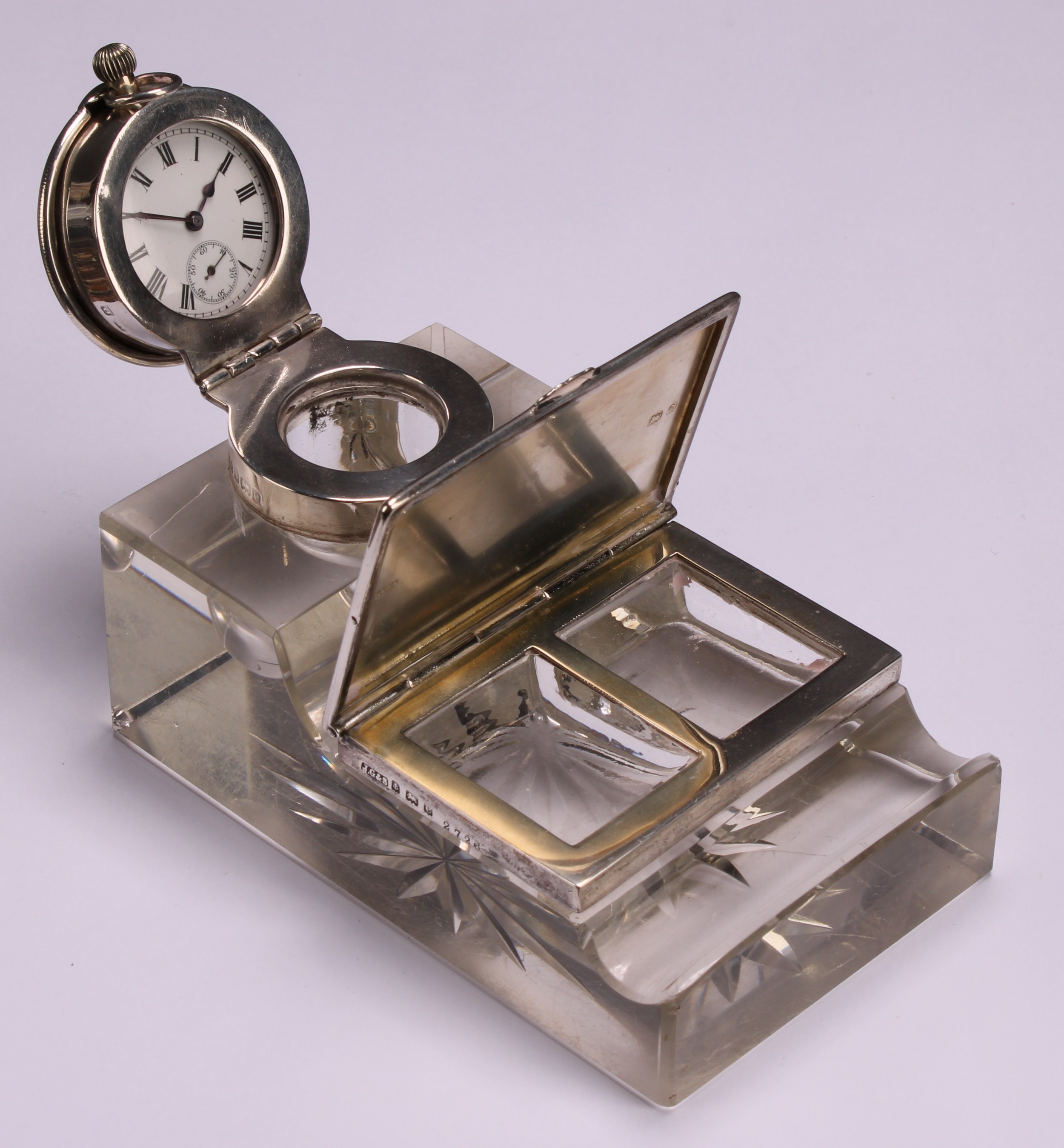 An Edwardian silver combination inkwell, stamp box and pocket watch holder, star-cut base, 11cm - Image 3 of 8