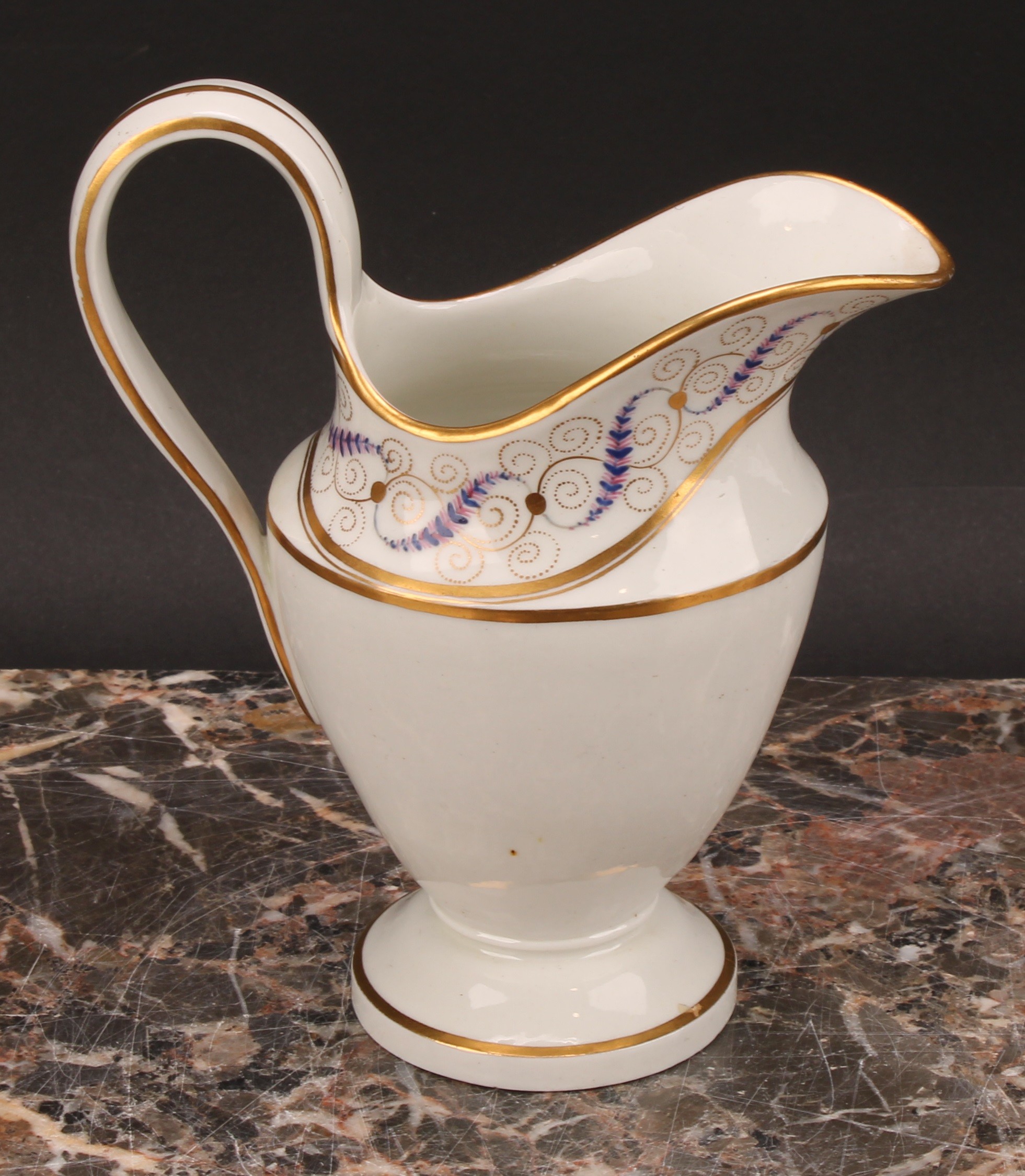 A Thomas Wolfe Factory Z helmet shaped cream jug, painted with flowers within an oval gilt - Image 3 of 12