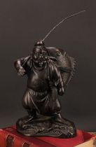 A Japanese bronze figure, Ebisu, the Japanese god of fishermen and luck, 35.5cm high excluding rod