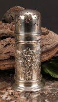 An Edwardian silver sugar caster, pierced domed cover, chased with flowers and stiff scrolling