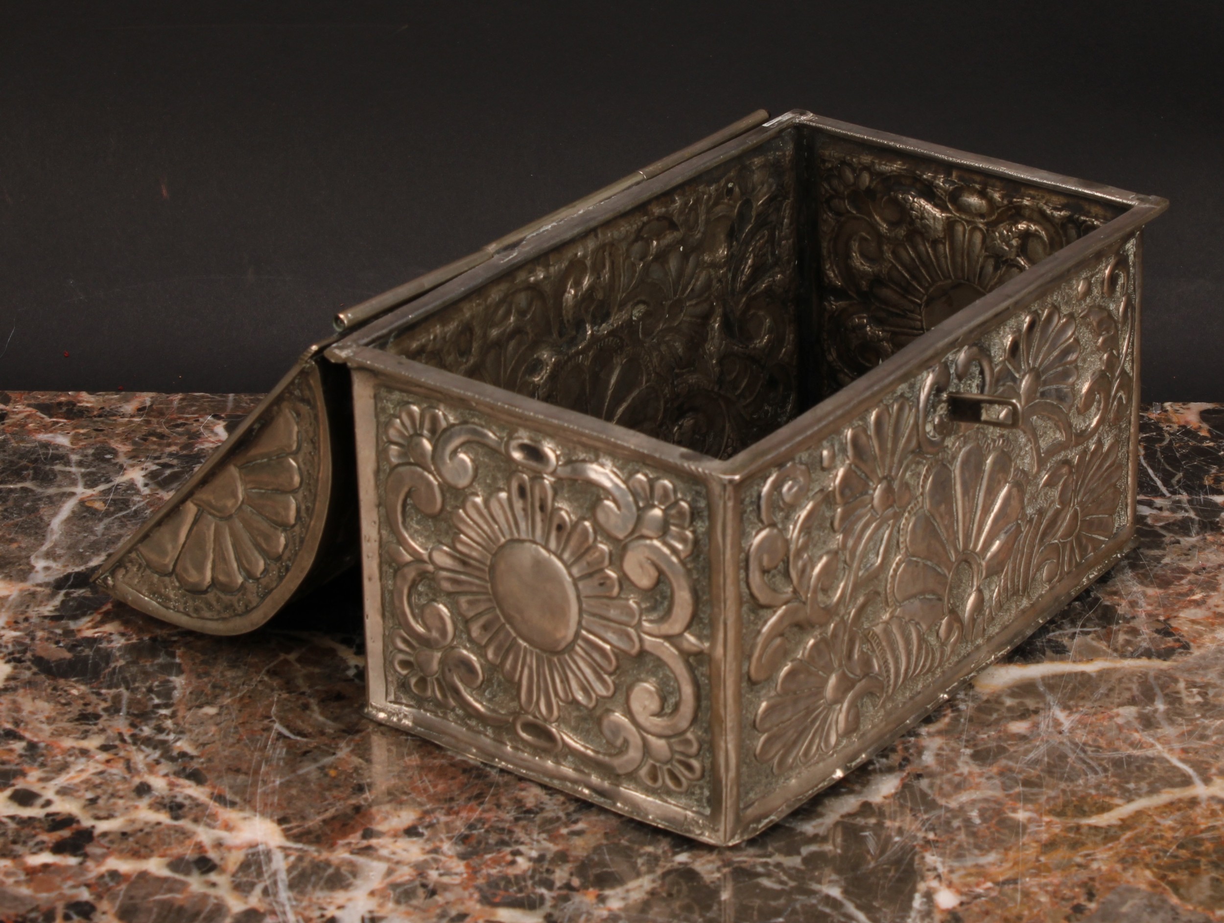 An early 20th century silver coloured metal rectangular casket, probably South American, chased with - Image 4 of 5