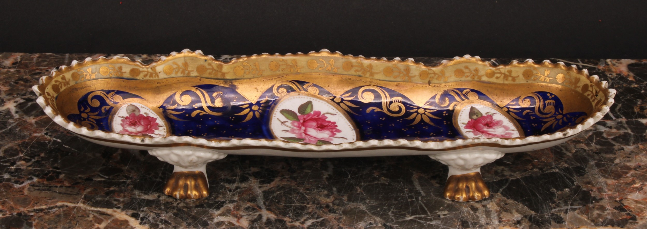 An English porcelain shaped oval pen tray, the field with three oval reserves painted with pink - Image 2 of 4