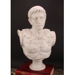A Grand Tour style reconstituted marble library bust, Gaius Julius Caesar Augustus, waisted socle,