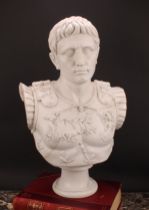 A Grand Tour style reconstituted marble library bust, Gaius Julius Caesar Augustus, waisted socle,