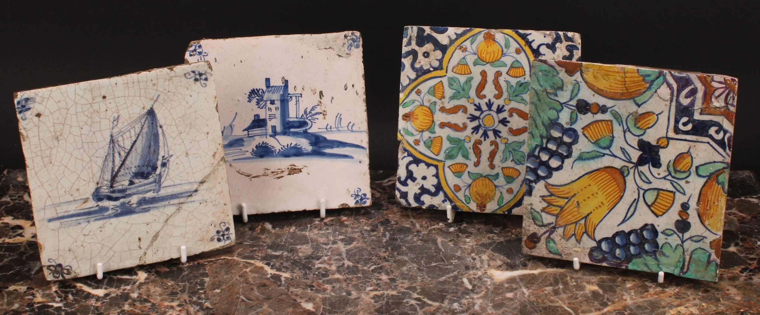 A harlequin suite of four 18th century Delft tiles, polychrome and traditional (4) - Image 2 of 6