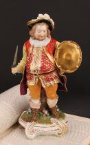 A Derby figure, Quinn as Sir John Falstaff, he stands holding an oval shield and sword, wearing a