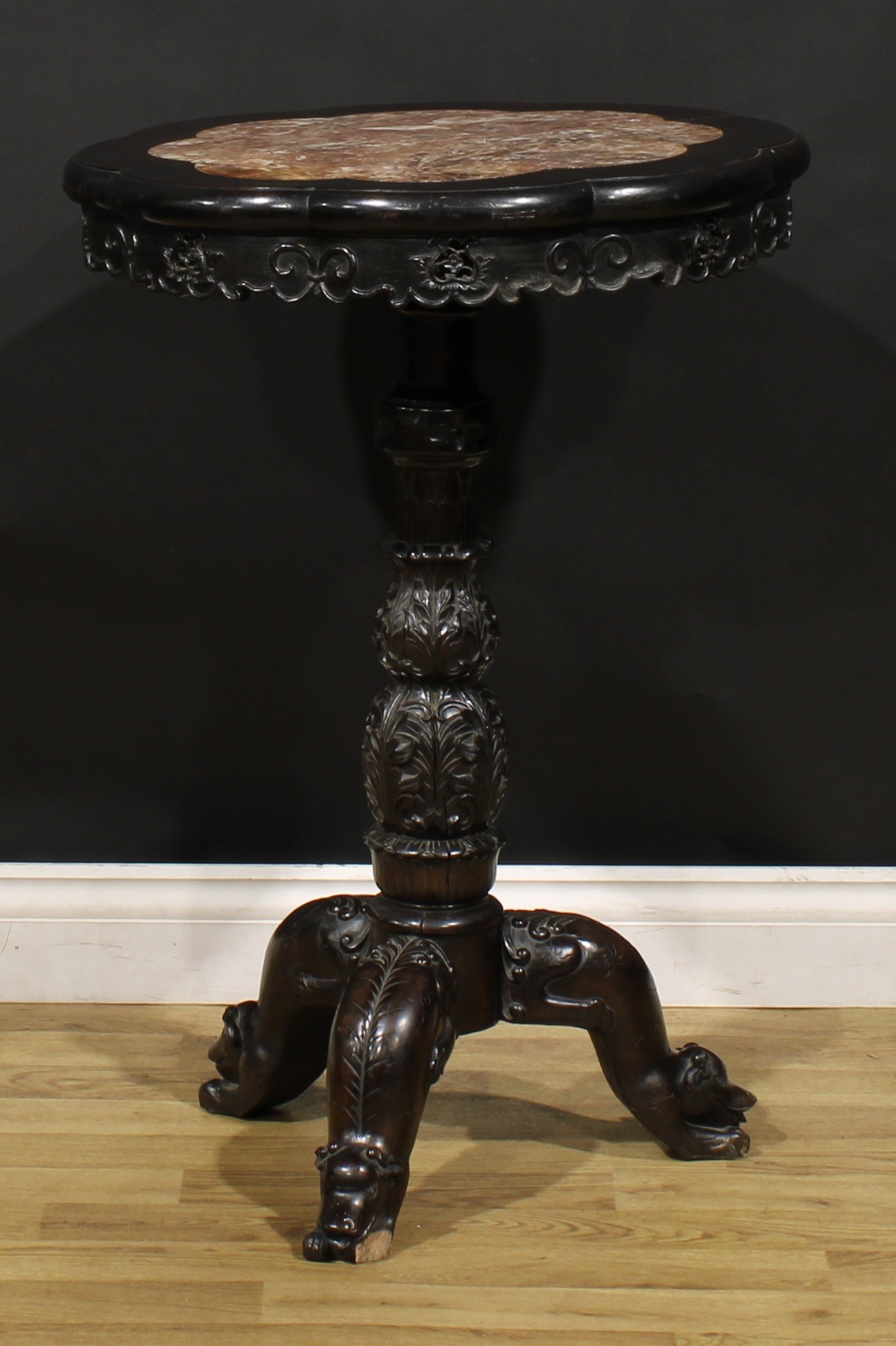 A Chinese hardwood tripod porcelain table, octofoil top with inset marble panel, turned column - Image 3 of 3