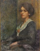 English School (early 20th century) Society Portrait, Lady in a Lace Trimmed Dress oil on canvas,