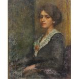 English School (early 20th century) Society Portrait, Lady in a Lace Trimmed Dress oil on canvas,