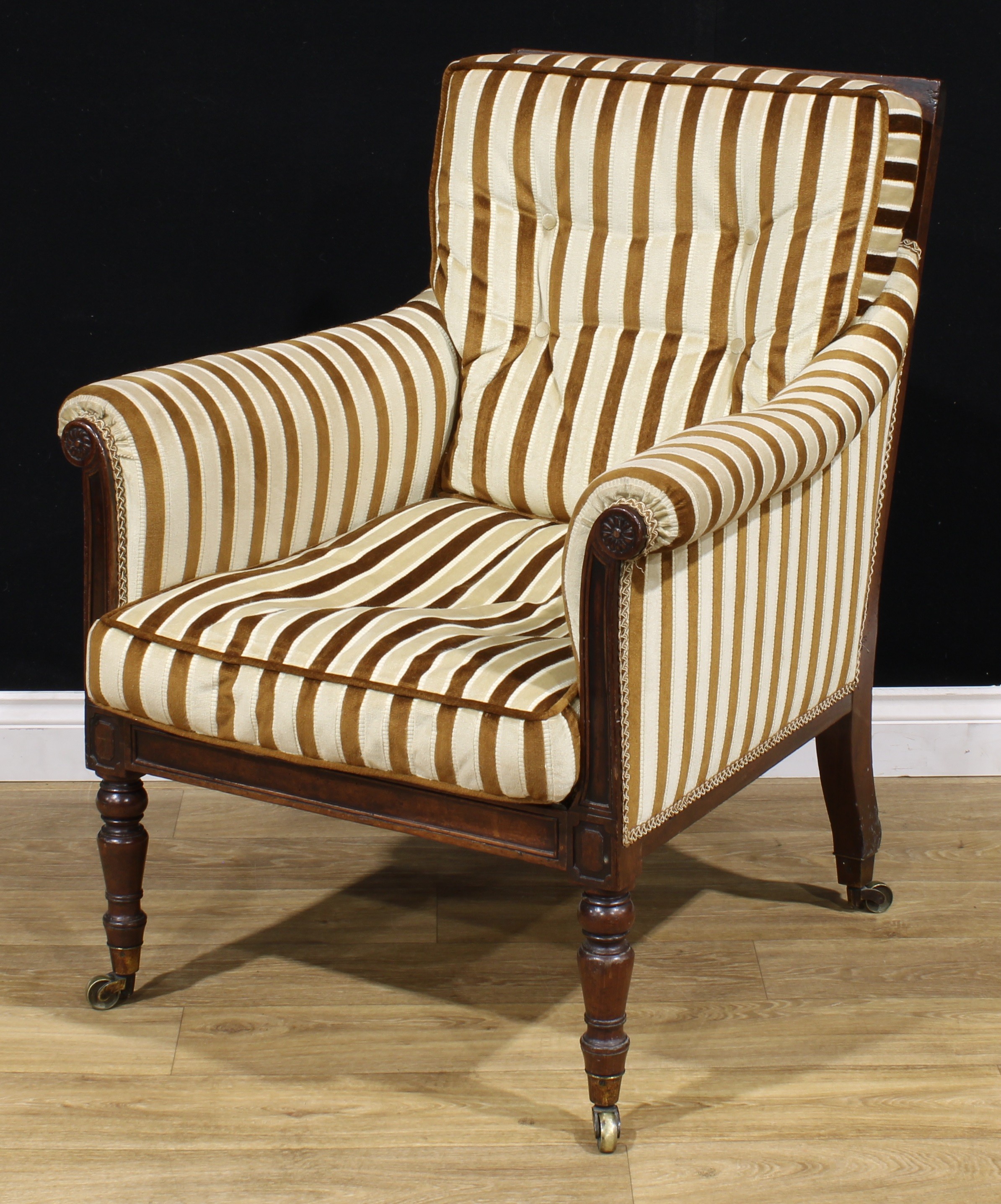 A George IV mahogany library chair, cane back, stuffed-over upholstery, turned forelegs, brass - Image 3 of 4