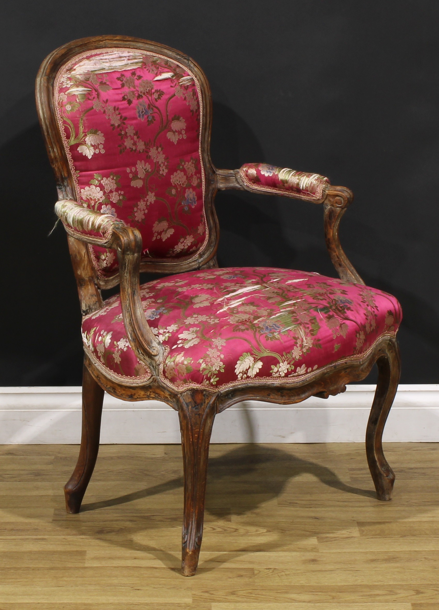 A pair of 19th century French Louis XV Revival beech fauteuil à la reine elbow chairs, 86cm high, - Image 7 of 9