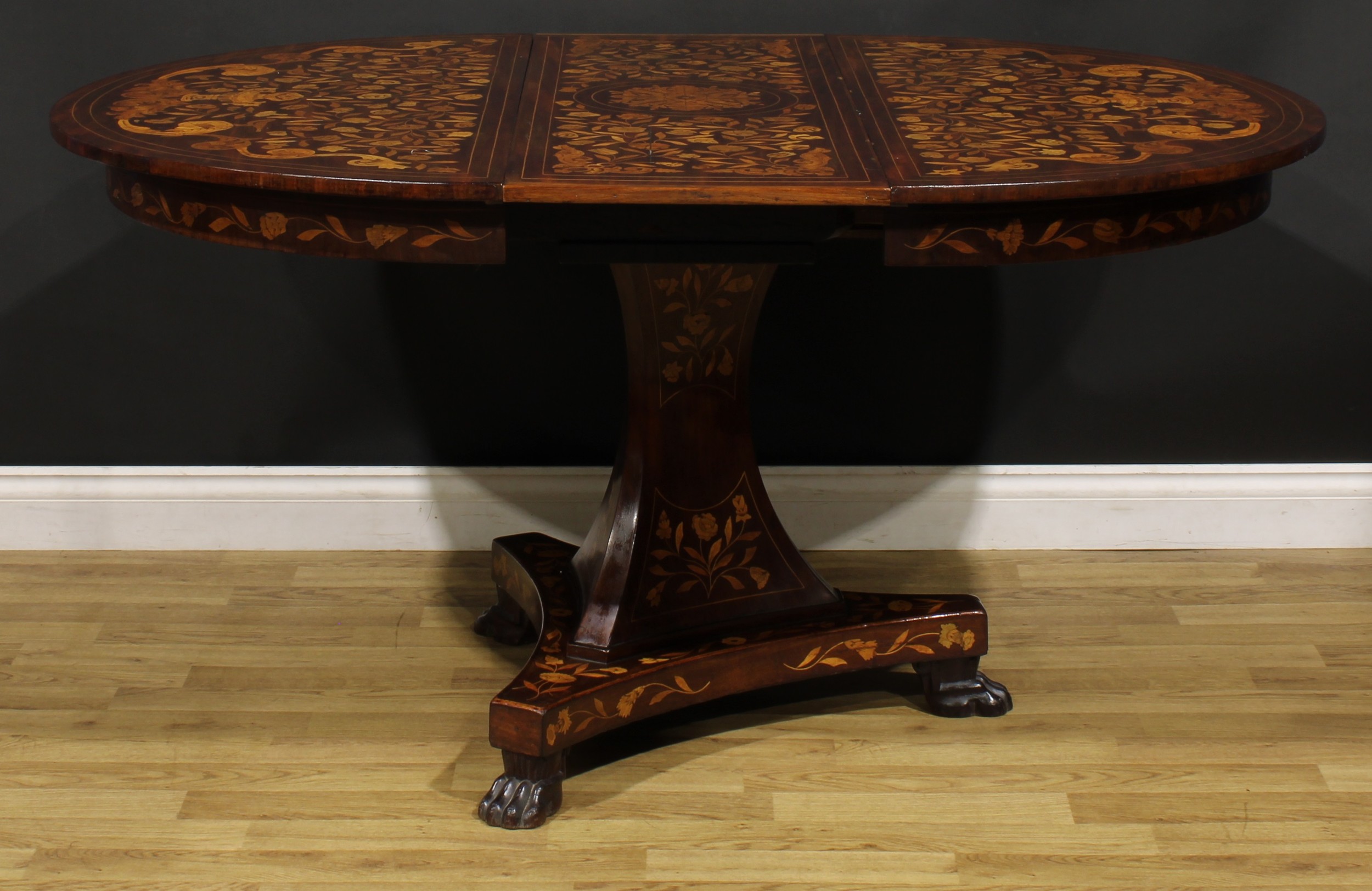 A 19th century Dutch marquetry extending dining table, discorectangular top with one additional - Image 2 of 4