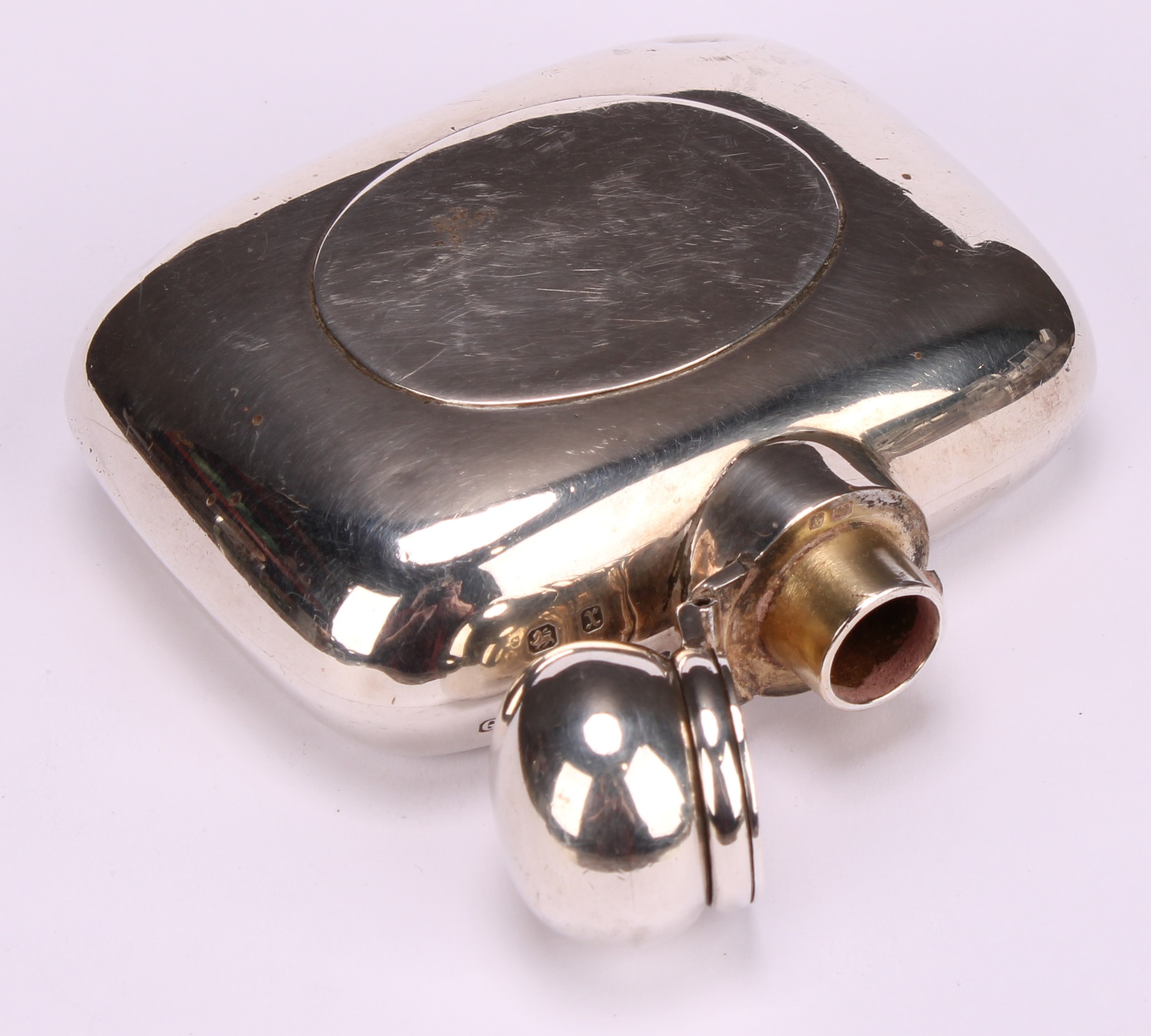 A Victorian silver curved rounded rectangular hip flask, domed hinged bayonet cap, 7.5cm wide, - Image 4 of 5