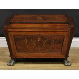 A Post-Regency Sheraton design mahogany and marquetry sarcophagus cellarette, hinged rosewood