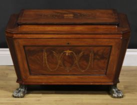 A Post-Regency Sheraton design mahogany and marquetry sarcophagus cellarette, hinged rosewood