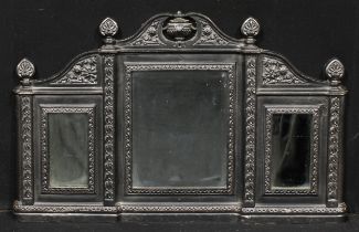 A Victorian cast iron chimney glass, broken-arch pediment above three bevelled mirror plates, 67cm