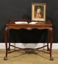 A French Hepplewhite Revival rosewood silver table, hipped rectangular top with inset panel top,