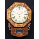 A late 19th specimen timber and marquetry drop-dial wall clock, 22cm circular dial inscribed Baurle,