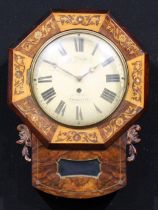 A late 19th specimen timber and marquetry drop-dial wall clock, 22cm circular dial inscribed Baurle,