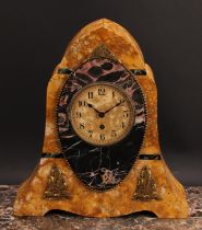 An Art Deco specimen marble mantel clock, 10cm circular dial inscribed with Arabic numerals, 34cm