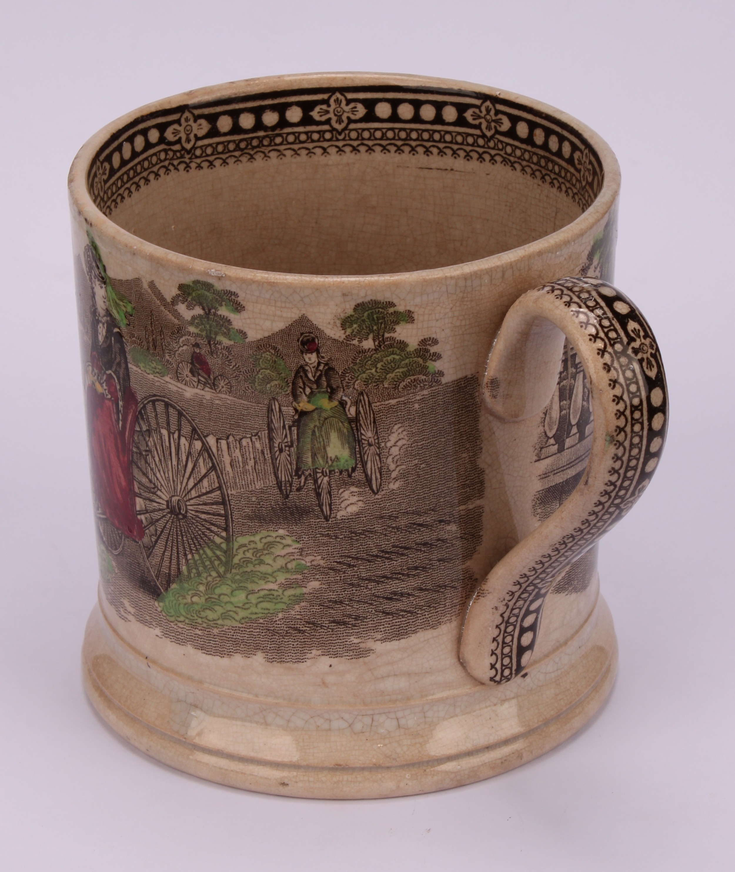 A 19th century Staffordshire mug, Bicycle, printed in sepia tones picked out in green, yellow and - Image 4 of 5