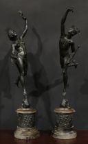 After Giambologna (19th century), a pair of dark patinated bronzes, Mercury and Fortuna, 87cm high