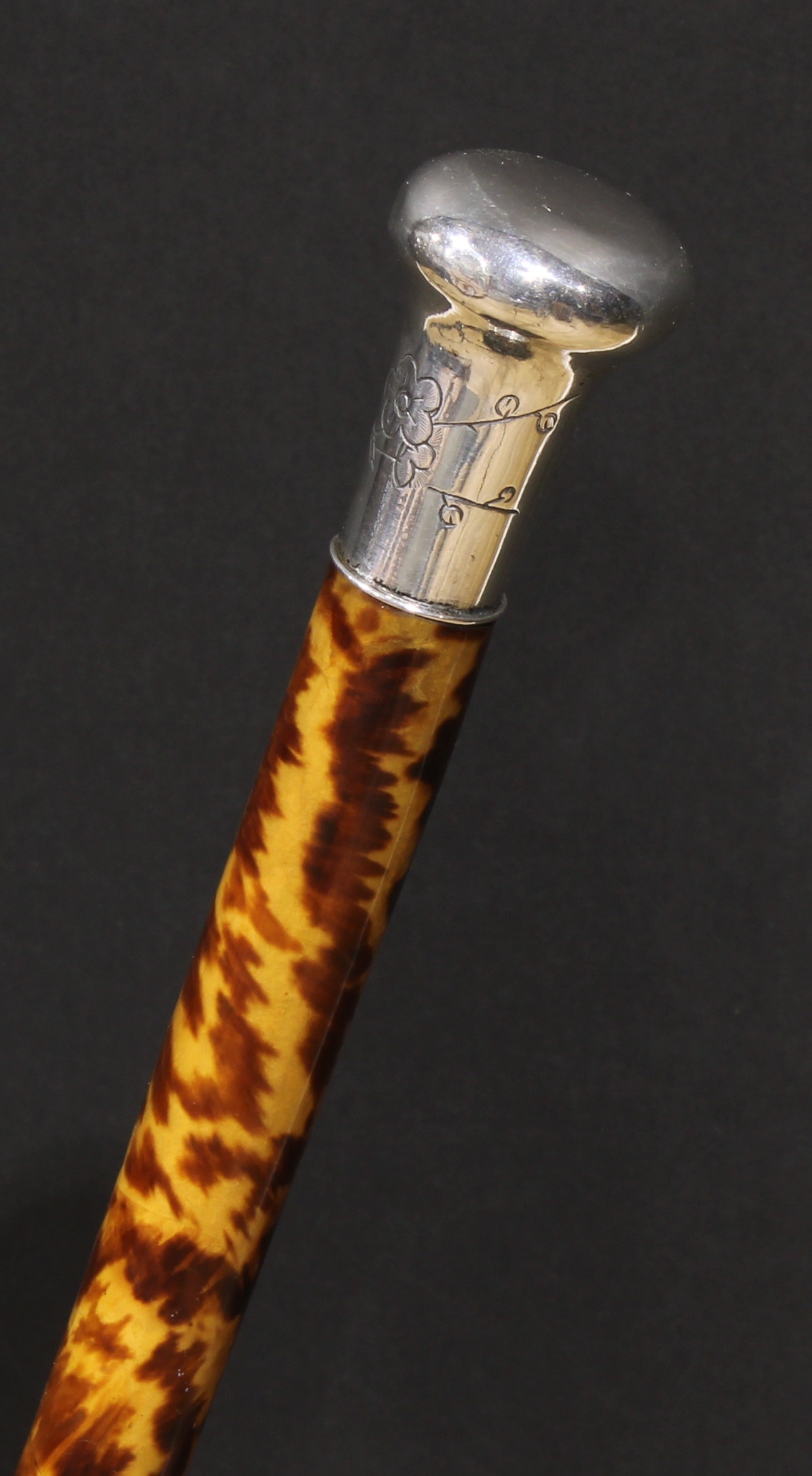 A 19th century tortoiseshell walking cane, the silver coloured metal pommel chased in the