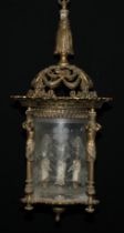 A French bronze hall lantern, cast in the Baroque taste with caryatids, scrolls and swags, etched