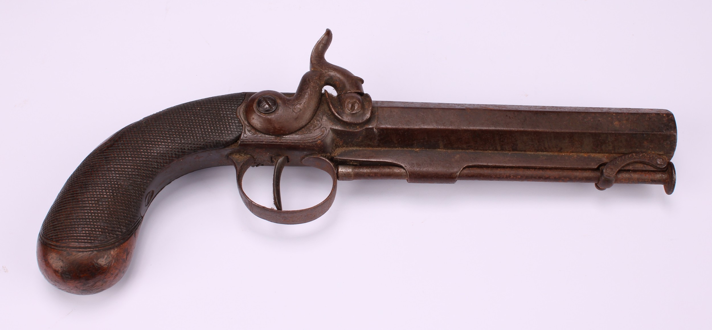 A 19th century percussion belt pistol, 13.5cm octagonal barrel, integral ramrod, chequered grip, - Image 3 of 10