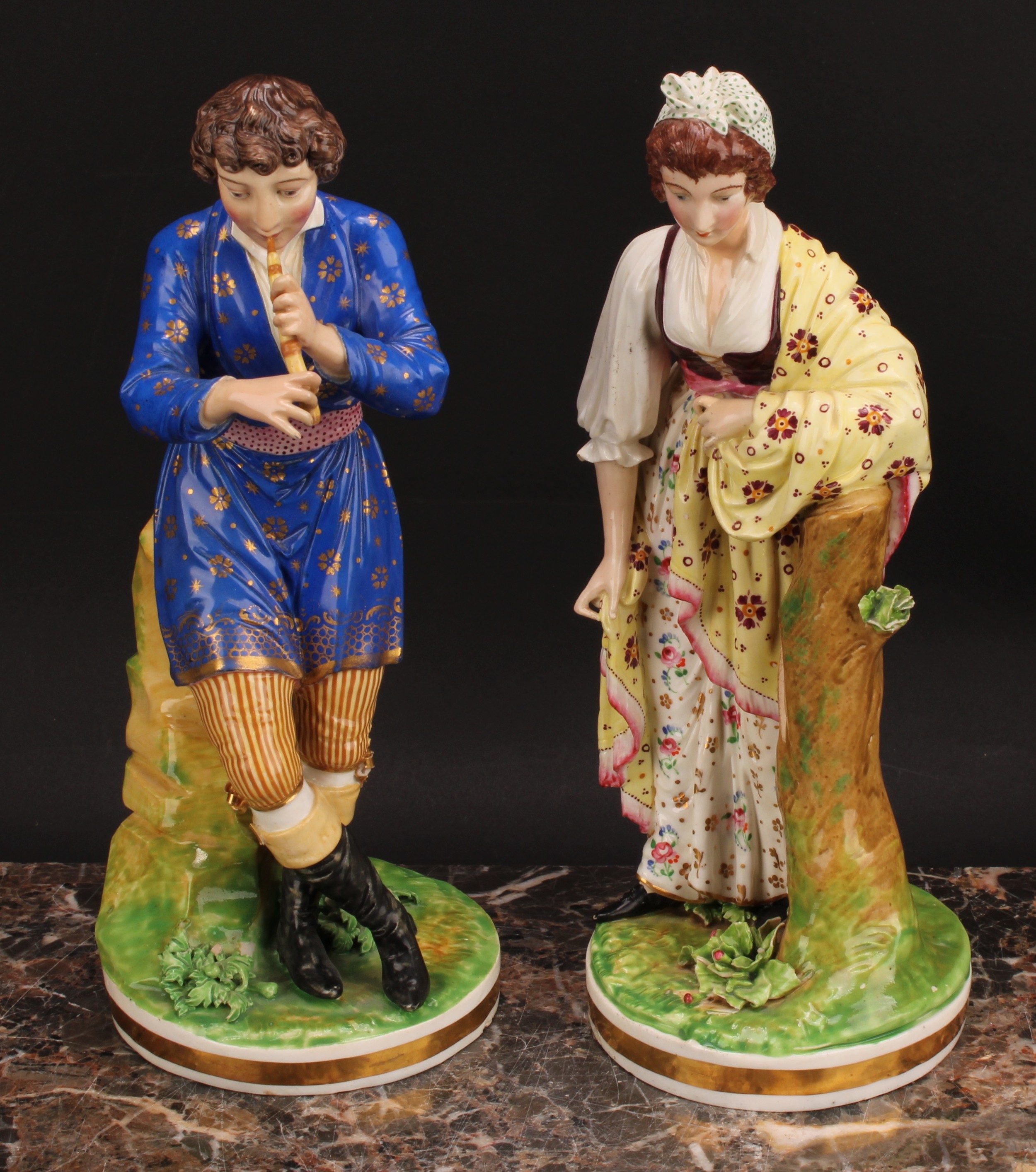 A pair of Bloor Derby figures, of a musician and his companion, he seated on rocky outcrop playing - Image 2 of 10