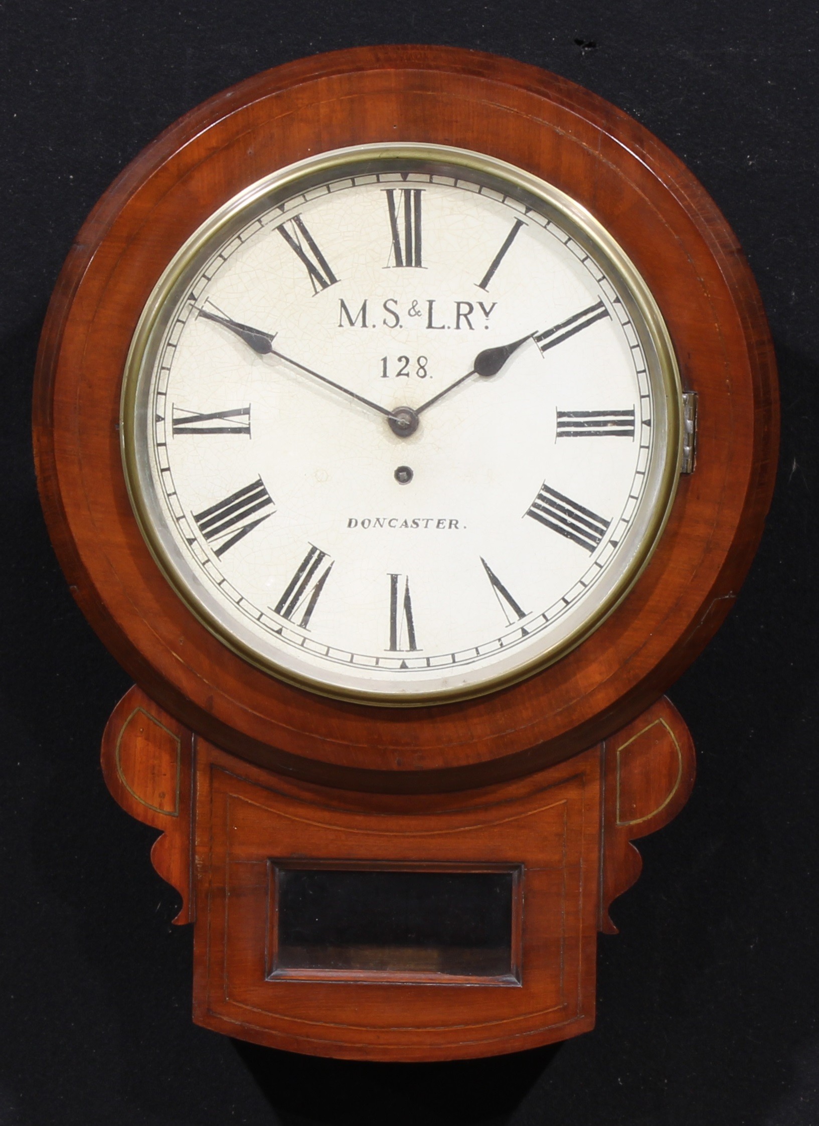 A late 19th century drop dial fusee railway timepiece, 30.5cm circular clock dial inscribed M.S.&L.R