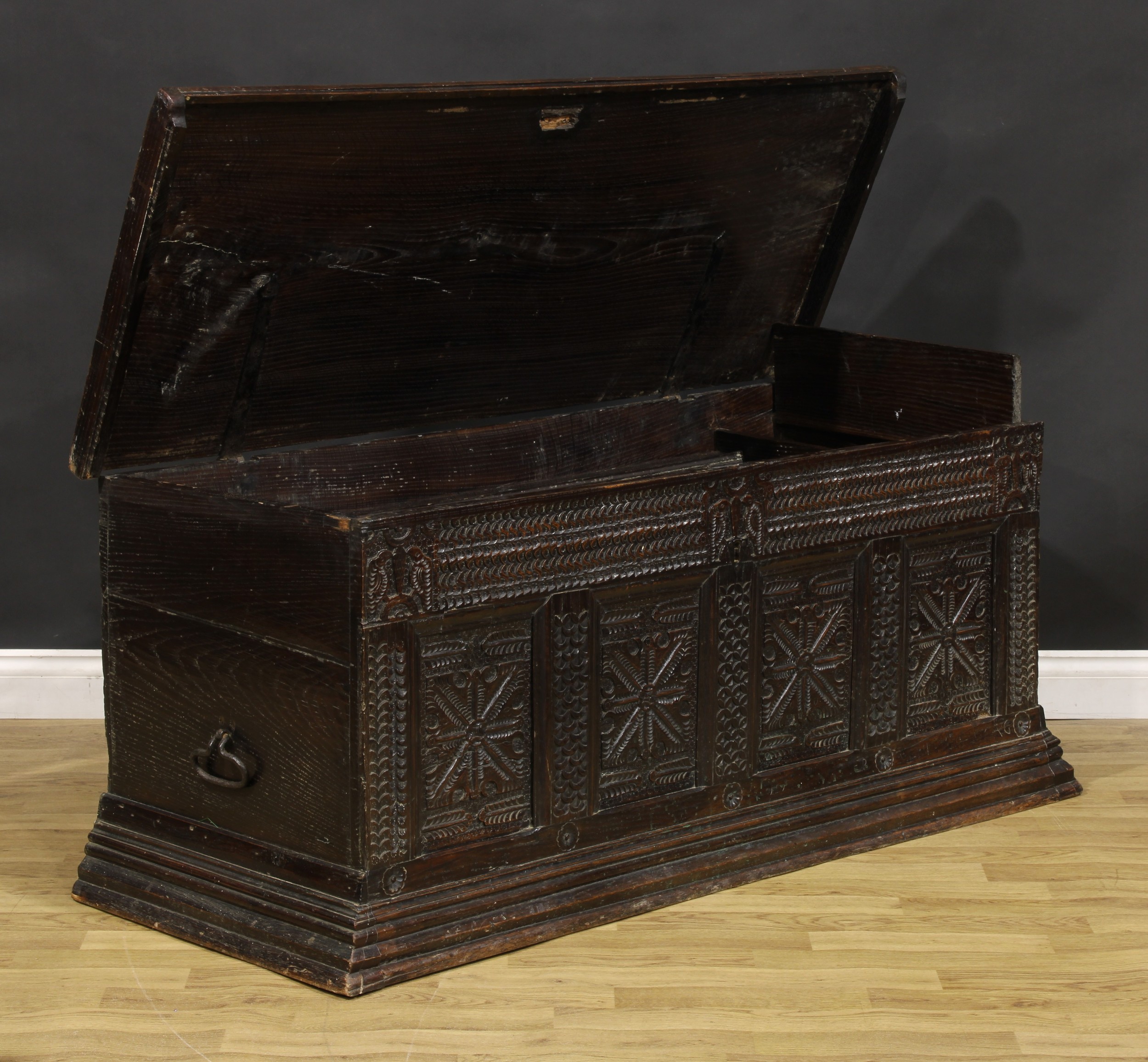 A late 17th century Flemish oak blanket chest, hinged top enclosing a till and ledge, the four-panel - Image 3 of 5