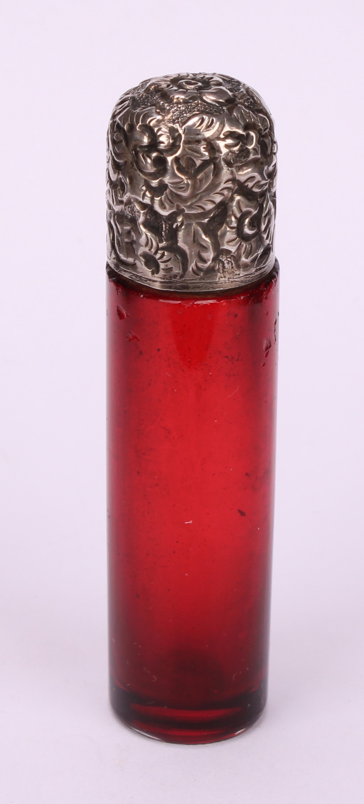 A 19th century silver coloured metal mounted cylindrical cranberry glass scent bottle, the hinged - Image 5 of 6