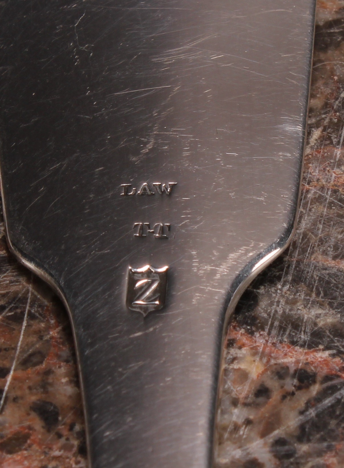 A George III Irish silver Fiddle pattern fish slice, pierced and bright-cut engraved with fish and - Image 3 of 3