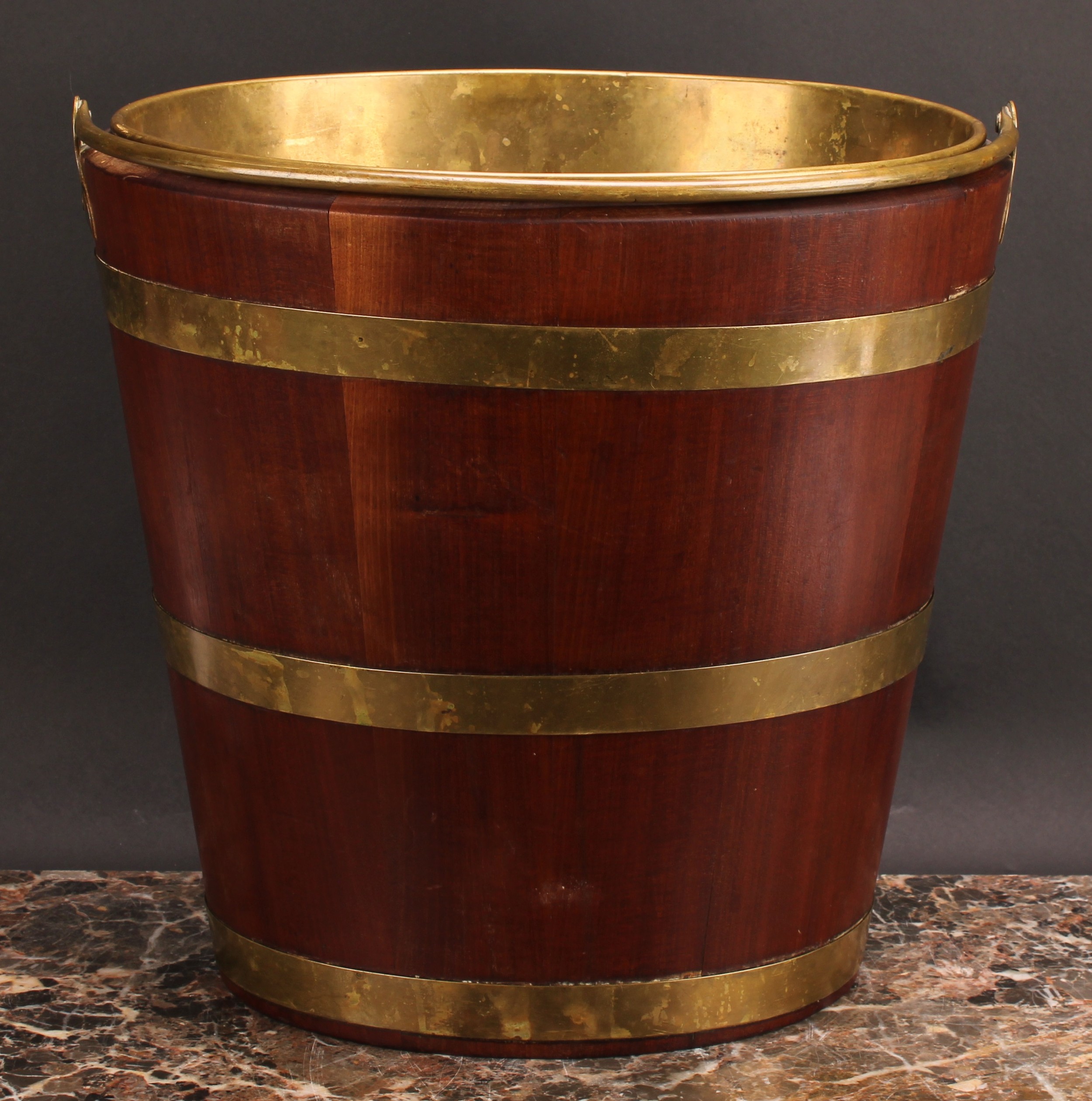 A Dutch brass bound coopered oyster bucket or peat bucket, 47cm high over handle, 34.5cm wide, - Image 4 of 4