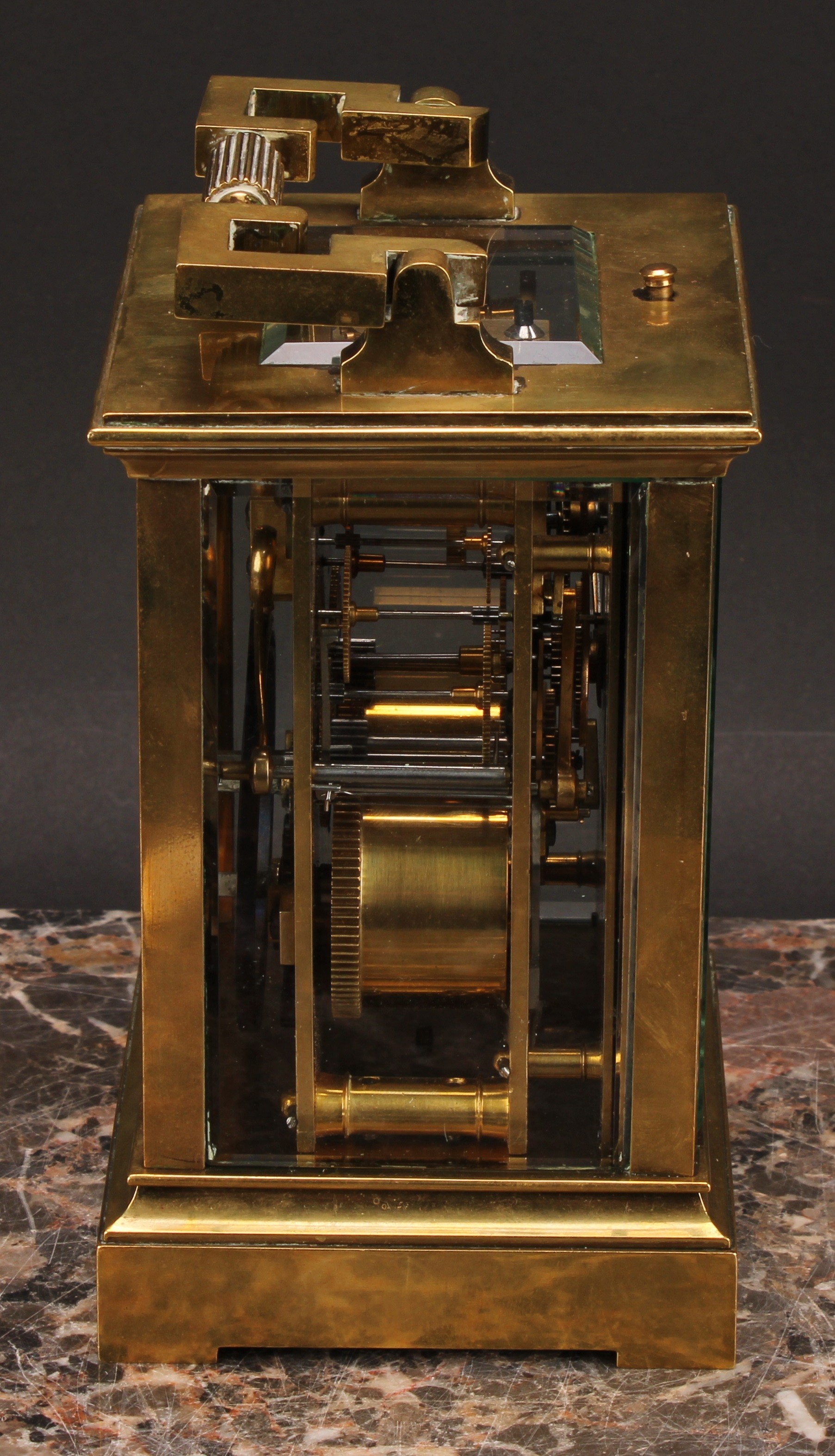 A large 19th century lacquered brass repeater carriage clock, 7cm silvered and bi-colour gilt dial - Image 3 of 6