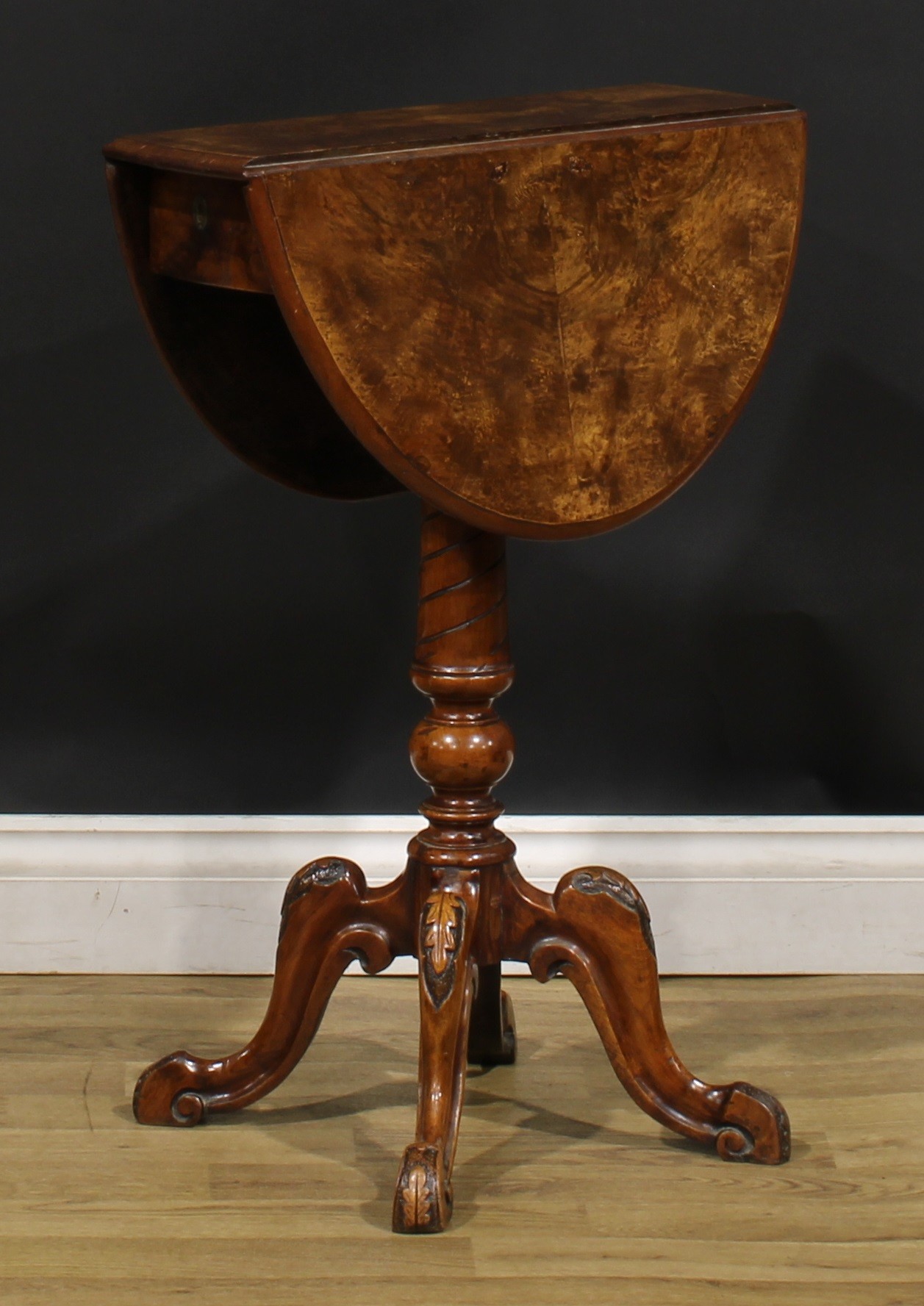 A Victorian walnut occasional table, quarter-veneered oval top with moulded edge and fall leaves, - Image 6 of 7