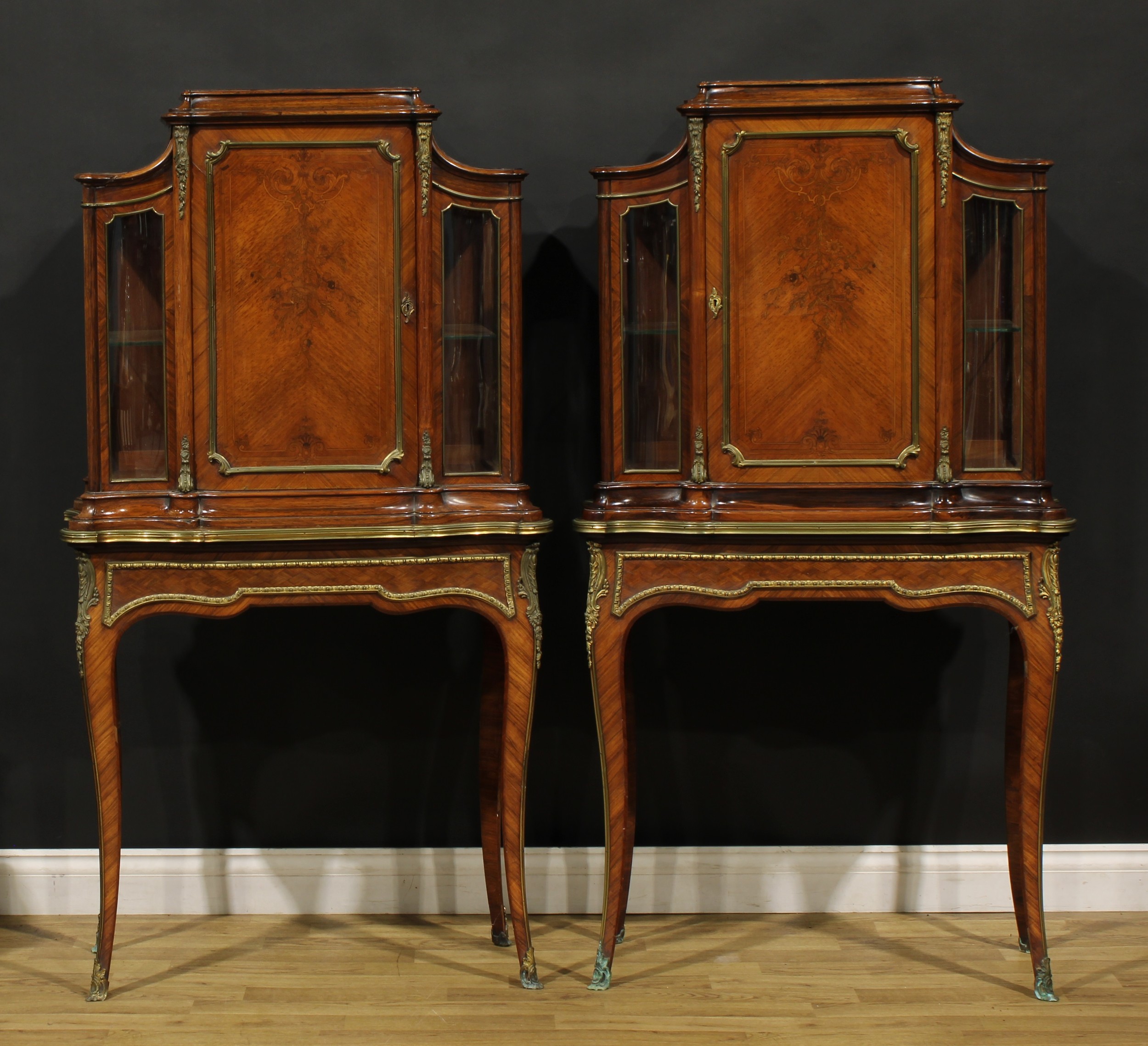 A pair of late 19th century Franglais gilt metal mounted rosewood, kingwood and marquetry pier
