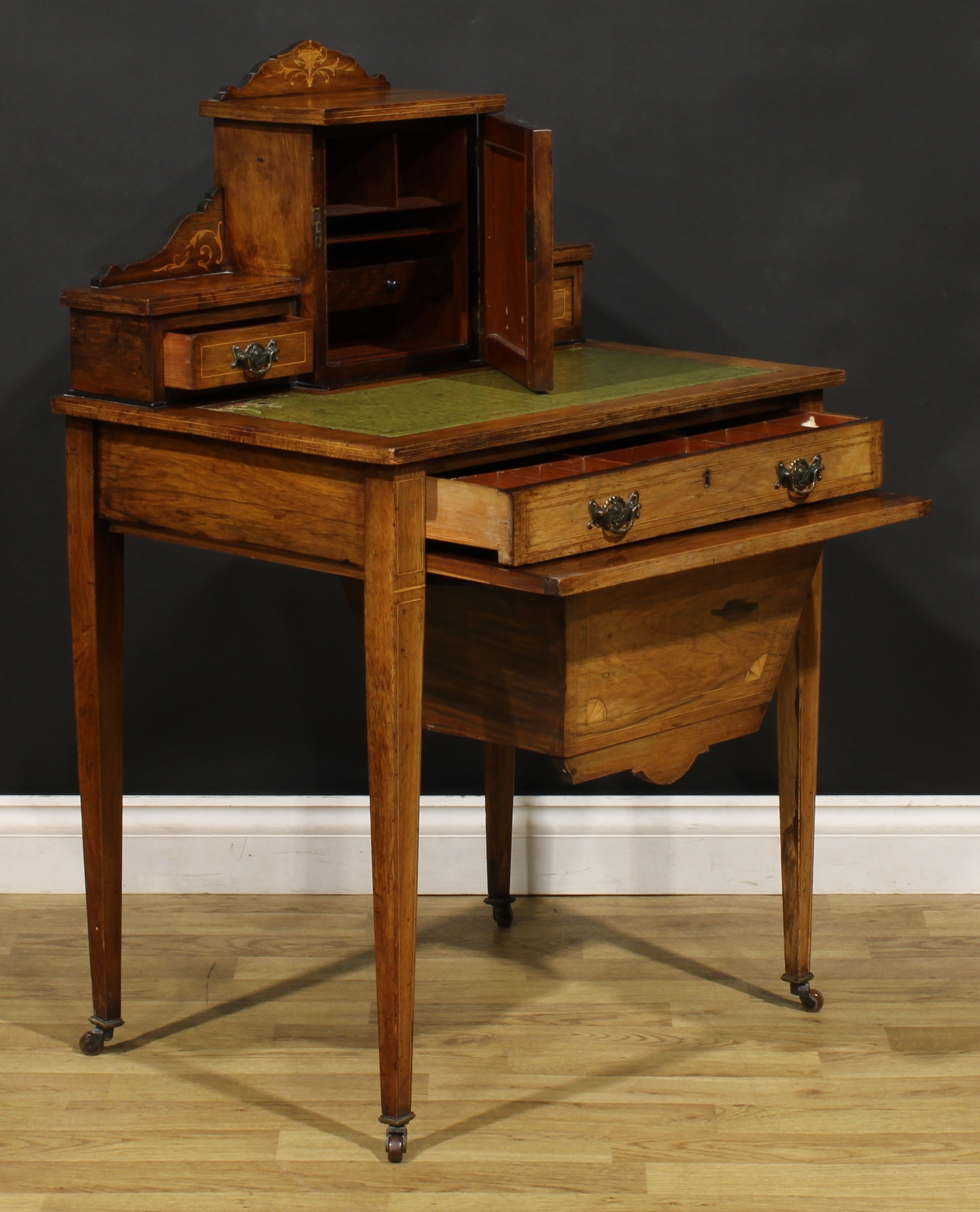 A late Victorian rosewood and marquetry bonheur du jour work table, stepped superstructure with a - Image 4 of 6