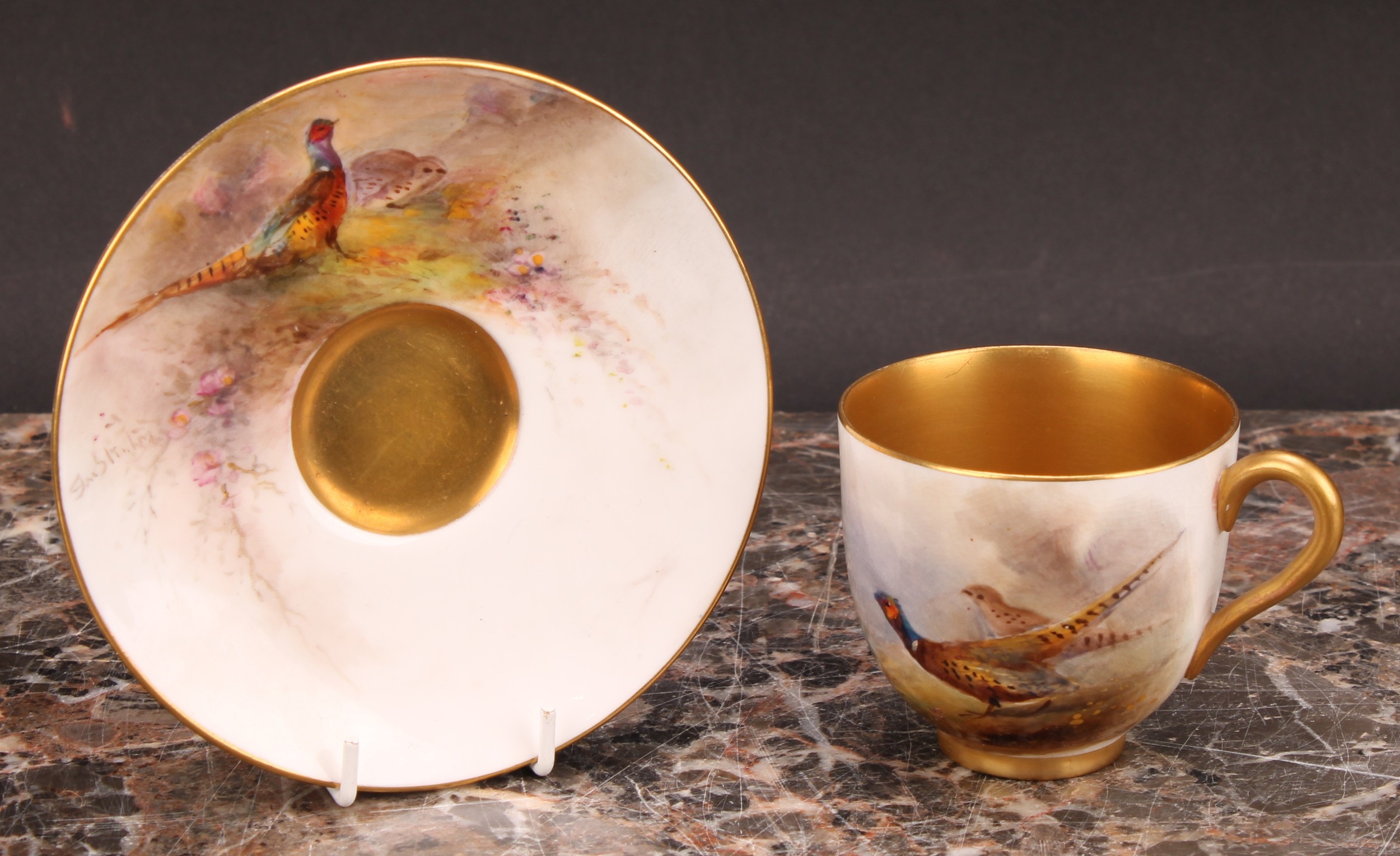 A set of six Royal Worcester coffee cups and saucers, painted by James Stinton, signed, with - Image 3 of 11