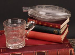 Railway Interest - steam locomotives, an early 19th century clear glass oval flask, hand engraved