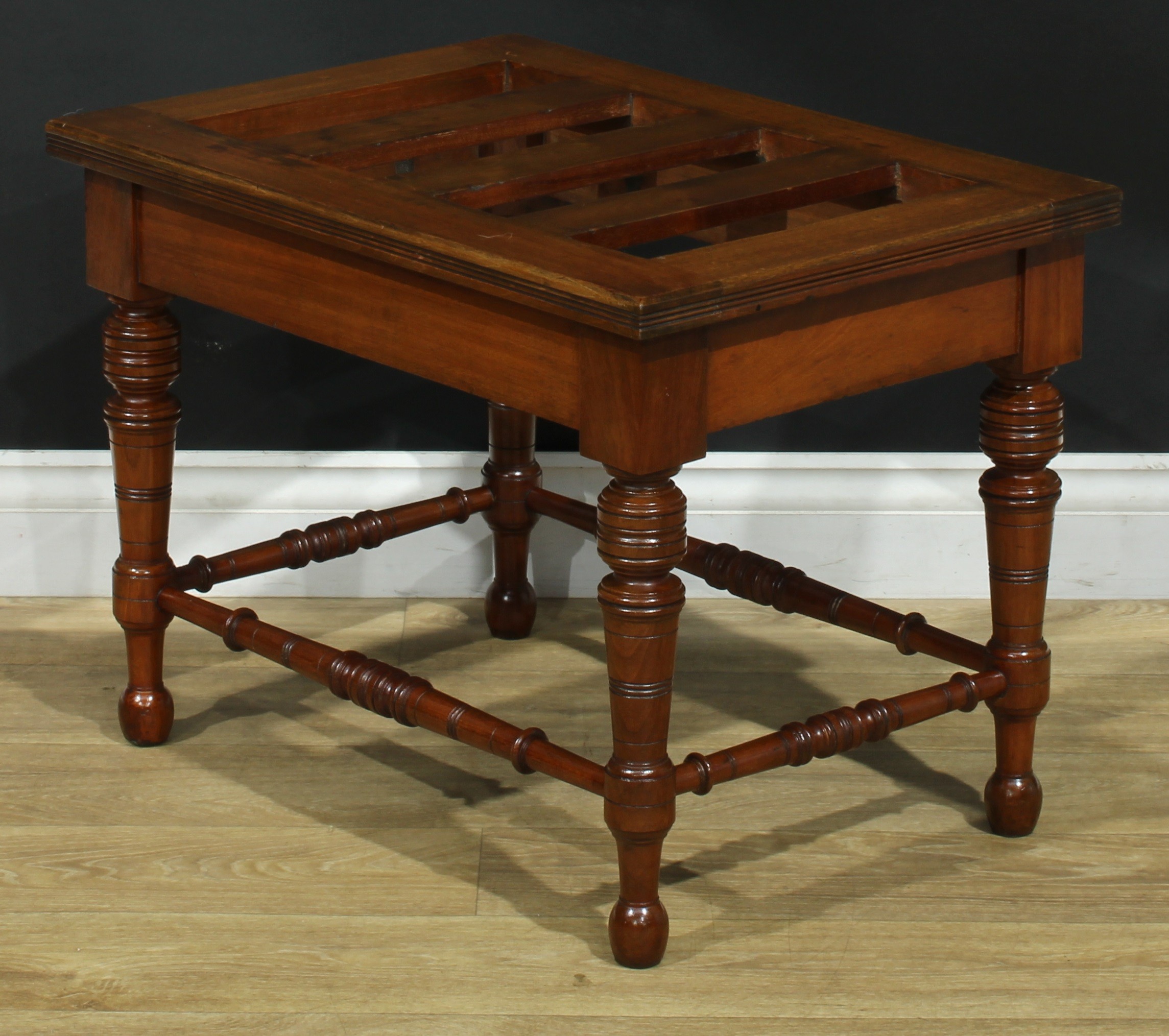 A pair of late Victorian walnut and mahogany rectangular luggage stands, each with oversailing - Image 8 of 9